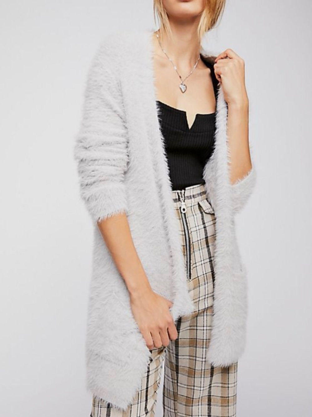 Free People Soft Fuzzy faux fur Open-Front Cardigan Sweater - Light Gray